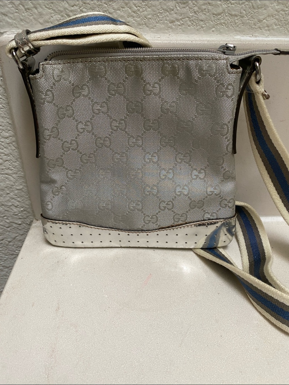 Gucci Silver Monogram Crossbody with Striped Web Strap - Picture 3 of 11